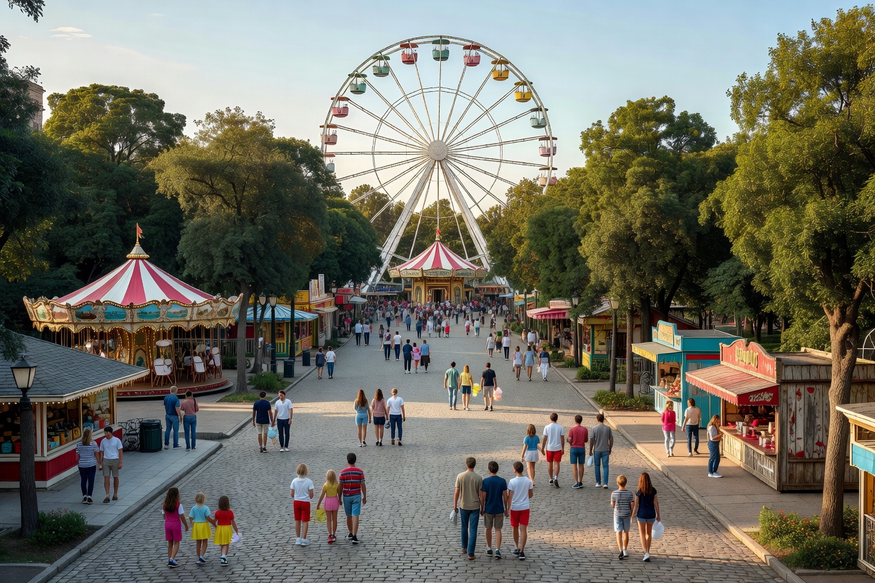 Aerial panorama of a classic amusement park concourse showing pedestrian boulevards, trees, and Ferris wheel