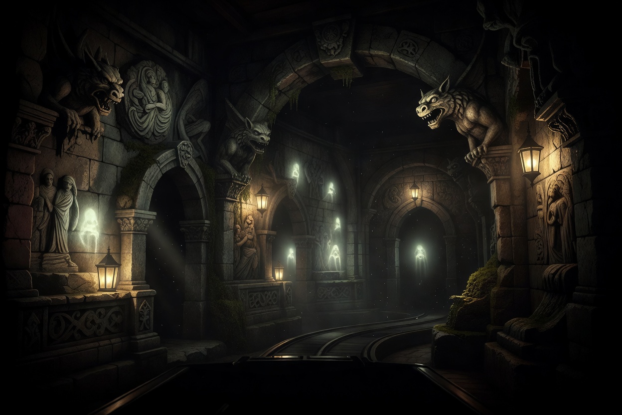 Atmospheric low-key scenic chamber inside a dark ride showing carved stonework and theatrical lantern lighting