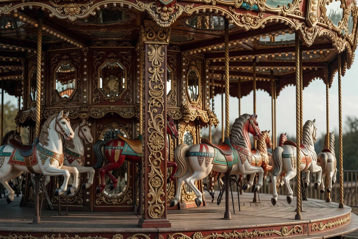 Intricate carved vintage carousel with gold gilding and decorative mirrors